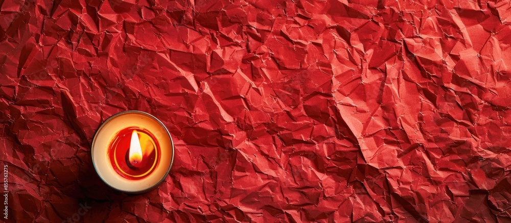 Aufkleber Burning soy candle and wax flakes on crumpled red paper. with copy space image. Place for adding text or design