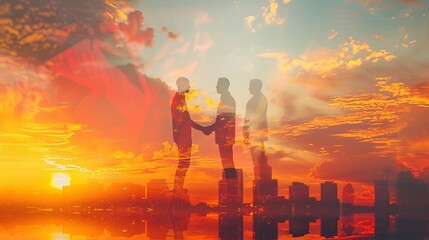 Fototapeta premium â€œAmbitious Partnership at Sunrise: Silhouettes Shaking Hands in Double Exposure Imageâ€