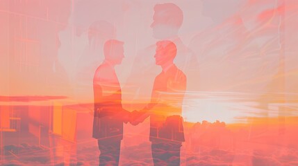 Fototapeta premium Success Through Collaboration: Business Partners Building on Dreams in Double Exposure Photograph with Sunrise Background