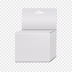Hanging folding paperboard box with tuck-in flap and euro slot. Realistic 3d vector mock-up. White blank carton packaging with euro hole hanger. Mockup. Template for design