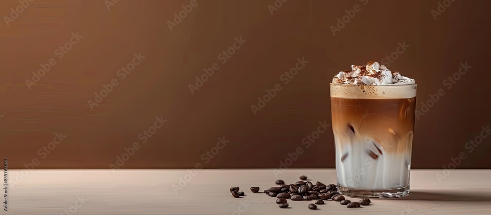 Poster cold espresso coffee with cold milk foam with coffee with brown background and sprinkled coffee beans on white table. with copy space image. Place for adding text or design