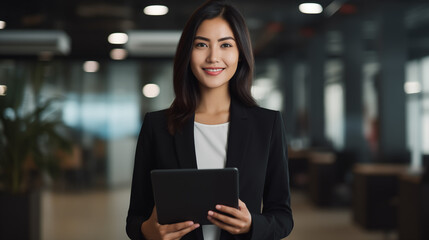 young beautiful asian business woman looking towards the camera, business woman using her laptop for data research 