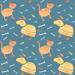 Seamless children's pattern of watercolor cats on a blue background. Red cat and dog. Hand drawn illustration. Painted background. Fabric pattern. Cat, kitten, dog, puppy