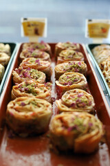 Arabic sweets and pastries made with puff pastry and pistachios
