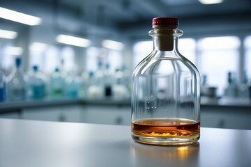 Glass red bottle with liquid in a laboratory research facility
