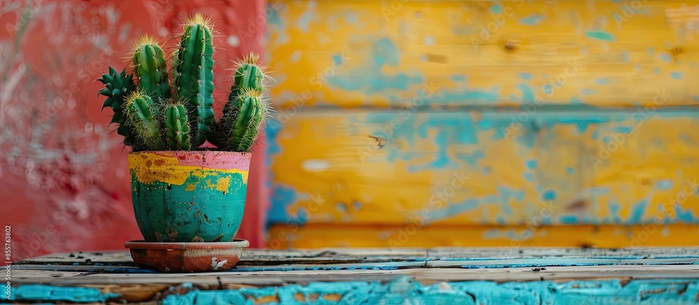 Leinwandbilder a cactus potted on a colorful wooden table. with copy space image. place for adding text or design