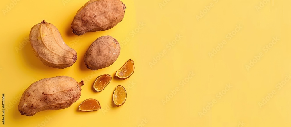 Poster tamarind fruit on pastel background food isolated. with copy space image. place for adding text or d