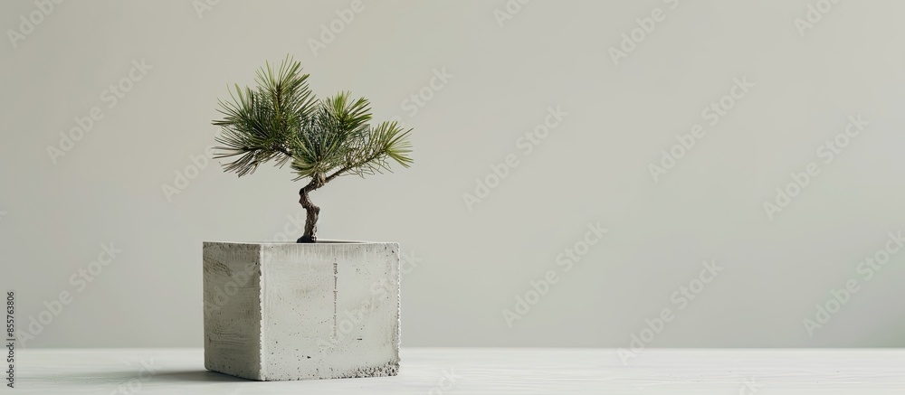 Poster flower cube of concrete with a decorative pine tree. with copy space image. place for adding text or