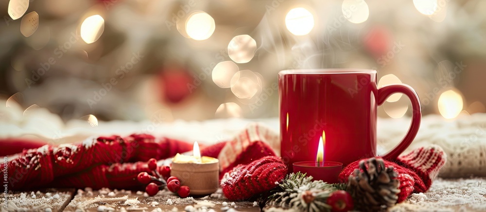 Fototapete a christmas red mug in the background with mittens and candles. with copy space image. place for add