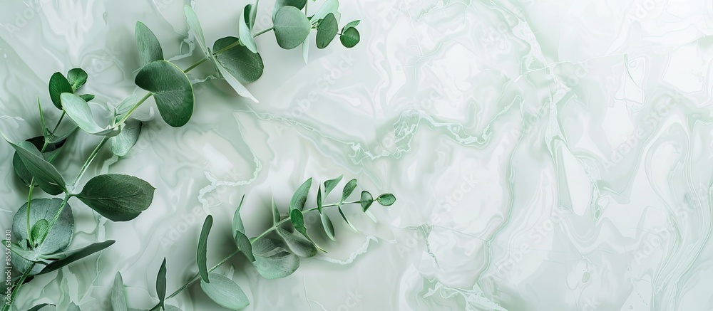 Aufkleber A wooden board with a branch of Eucalyptus, on a marble background pastel background. with copy space image. Place for adding text or design