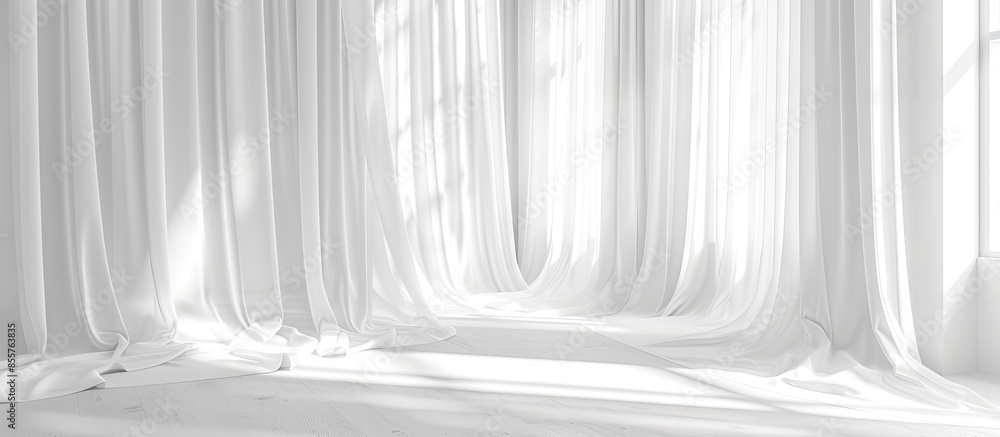 Poster White Curtains as Interior of Luxury Hall Background or Fabric Texture. with copy space image. Place for adding text or design