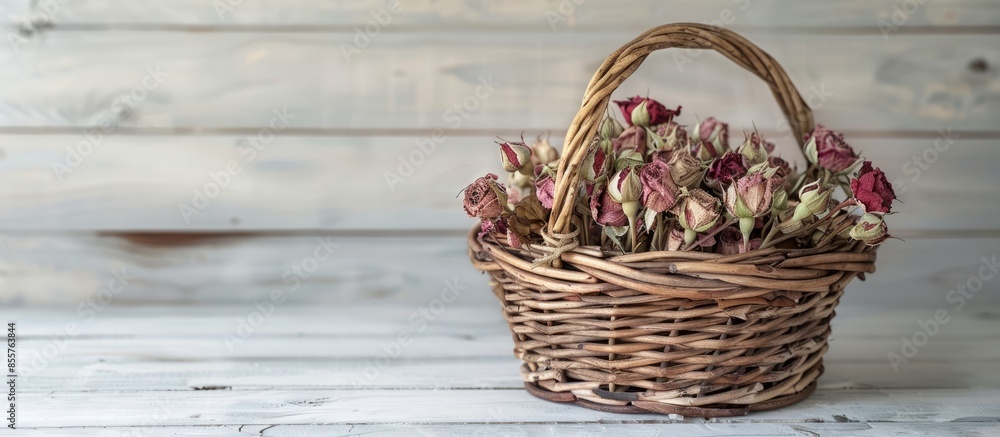 Poster dried roses in wicker basket on rustic white wood background. shabby chic interior decor. with copy 