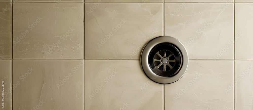 Poster A close-up view of a plug hole in a cream bathroom. with copy space image. Place for adding text or design