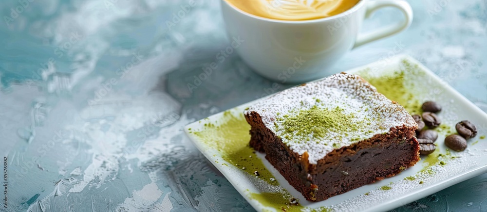 Aufkleber caffe latte & green tea matcha brownies pastel background. with copy space image. place for adding t