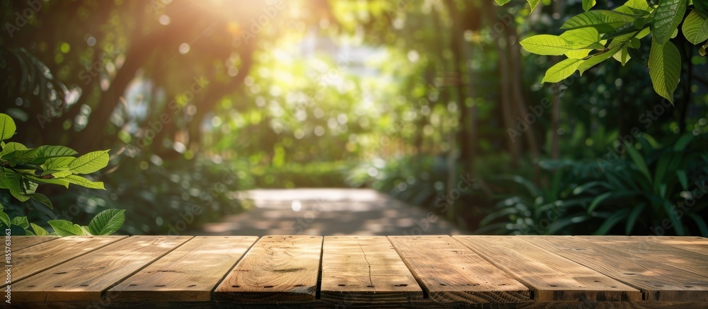 Aufkleber Empty wood table top on blur abstract green from garden and home area background.For montage product display or design key visual layout. Copy space image. Place for adding text or design