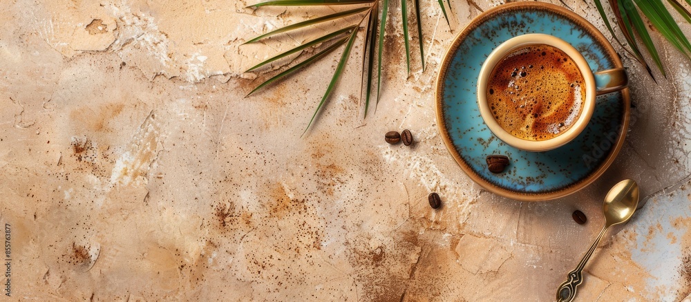Poster summer themed top view desk with turkish coffee. copy space image. place for adding text or design