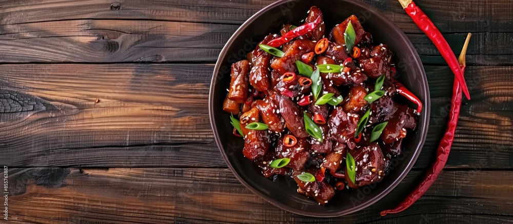 Poster dry pot hunan style chilli pork intestines served dish isolated on wooden table top view of hong kon
