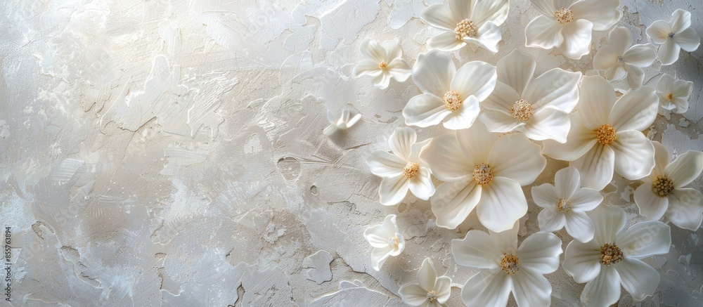 Poster white flowers pastel background texture flowers. with copy space image. place for adding text or des