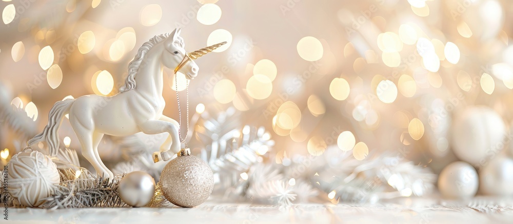 Aufkleber white horse figurine and new year decorations. with copy space image. place for adding text or desig