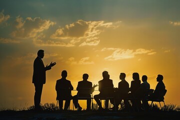 Fototapeta premium Silhouette of a manager giving instructions to a team.