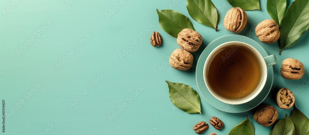 Aufkleber walnuts and green tea pastel background food isolated. with copy space image. place for adding text 