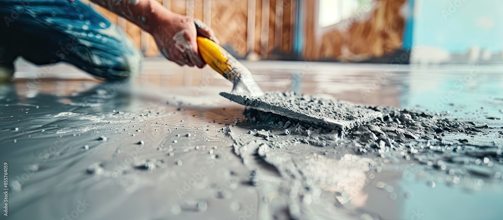Poster Applying construction trowel in wet cement . with copy space image. Place for adding text or design