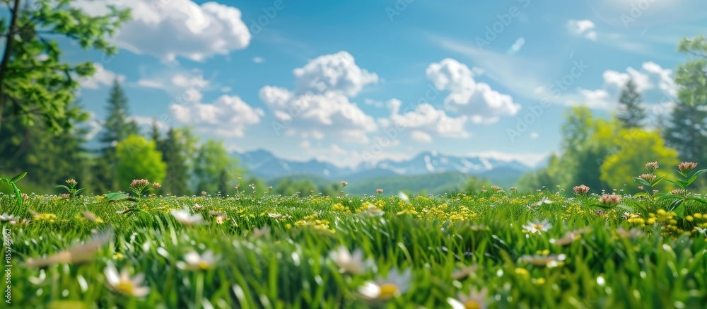 Aufkleber grass landscape with sky trees clouds flowers and mountains. copy space image. place for adding text