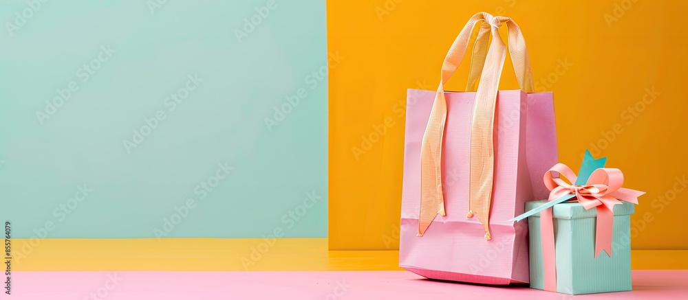 Poster shopping bag and gift box isolated on pastel background. with copy space image. place for adding tex