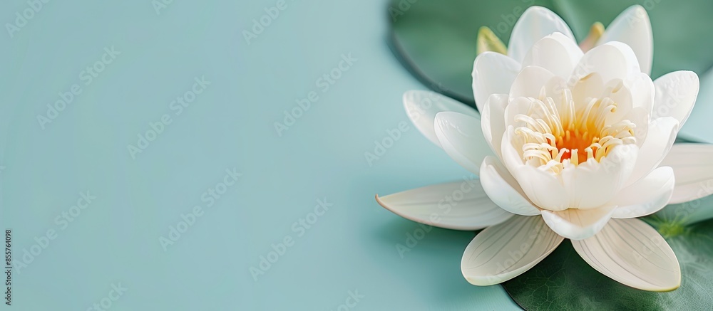 Poster close up blooming white water lily flower isolated on pastel background. with copy space image. plac