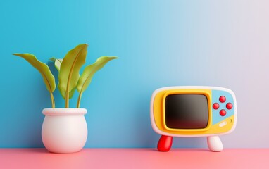 retro tv mockup with plant on pink and blue background.