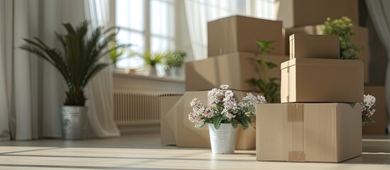 Pile of carton boxes with household stuff in light living room on moving day. Near two flowers in pots. Background window. with copy space image. Place for adding text or design