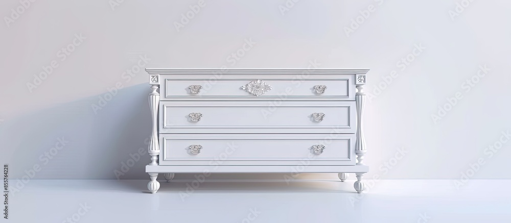 Poster white wooden tv stand, bureau, commode with boxes. modern designer, commode isolated on white backgr