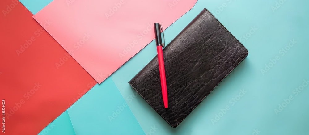Poster Black leather notebook isolated on a pastel background. with copy space image. Place for adding text or design