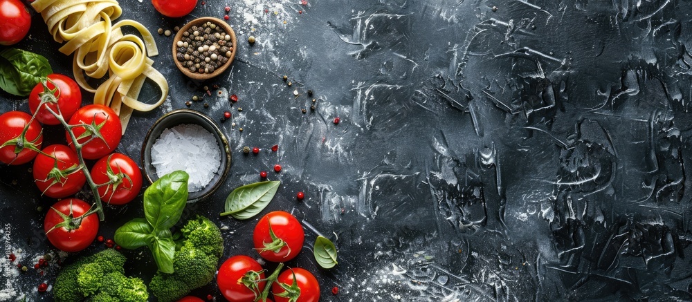 Poster vegetables and spices for tomato sauce,pasta tagliatelle with tomatoes on dark background, top view. Copy space image. Place for adding text or design
