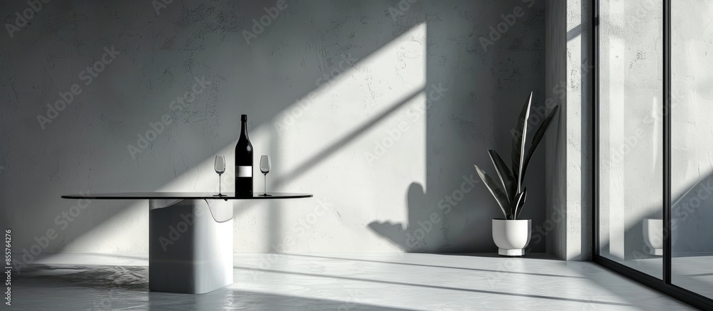Poster Three dimensional interior room with wine bottle on glass table. with copy space image. Place for adding text or design