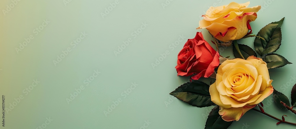 Poster Red and yellow rose on a pastel background   Design. with copy space image. Place for adding text or design