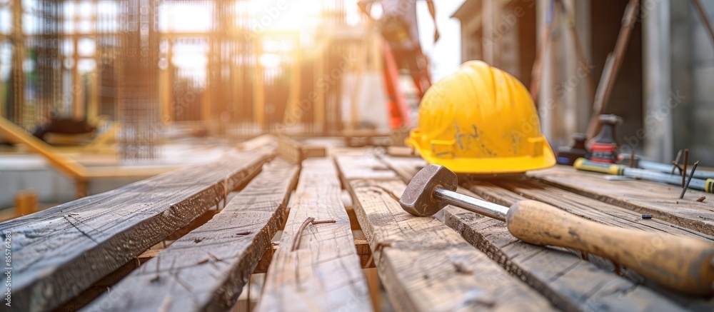 Aufkleber carpenter working,hammer,meter and screw-driver on construction background. copy space image. place 