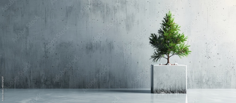 Poster flower cube of concrete with a decorative pine tree. with copy space image. place for adding text or