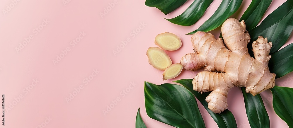 Poster ginger with leaves isolated on a white clipping path pastel background. with copy space image. place