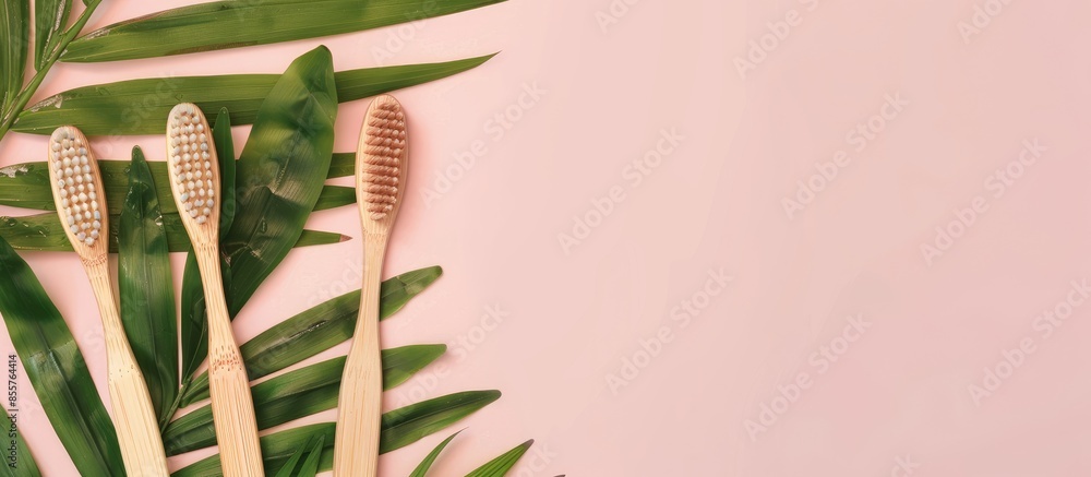 Aufkleber bamboo toothbrushes on pastel background with tropical leaf. Place for text. Ecoproduct. with copy space image. Place for adding text or design