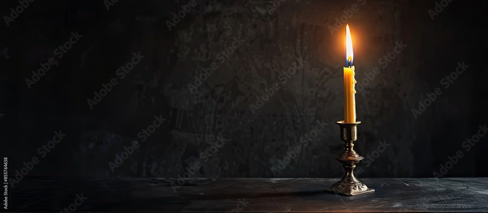 Poster Elegant candlestick with burning candle on black table. Space for text. with copy space image. Place for adding text or design