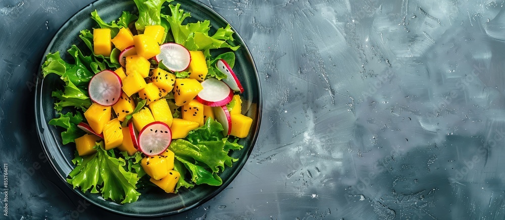 Aufkleber fresh green mixed salad with radish, mango and lettuce on a plate. top view, close-up. copy space im