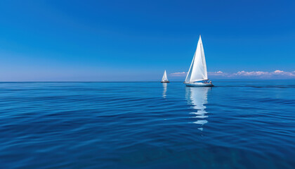 Fototapeta premium Two sailboats are sailing in the ocean on a clear day