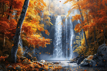 Fototapeta premium Generative ai on theme of beautiful majestic waterfall in natural nature, national park attraction