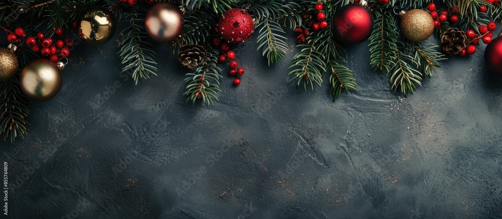 Poster christmas decor, garland, balls and christmas tree. with copy space image. place for adding text or 