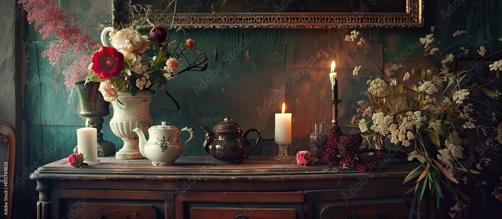 Poster beautiful art composition with tea set, vases, candles and flowers on a wooden chest of drawers. wit
