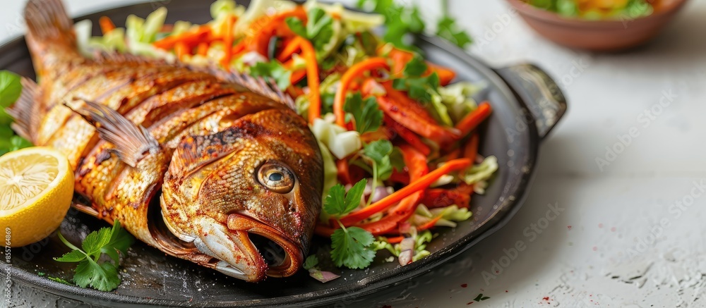 Poster tandoori pomfret fish cooked in a clay oven and garnished with lemon , mint, cabbage and carrot sala