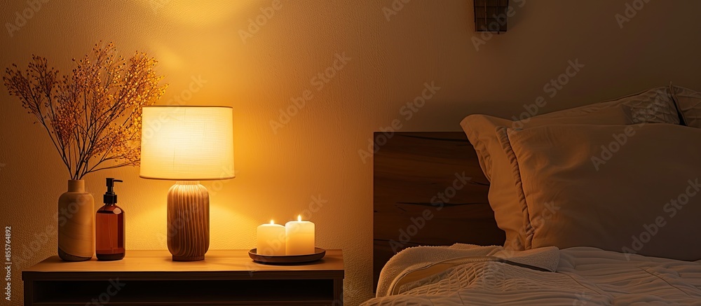 Poster Lamp on bedside table interior room. with copy space image. Place for adding text or design