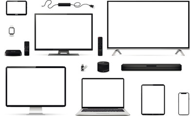 TV, computer, laptop, tablet, phone, watch, smart speaker, sound bar, usb flash drive, gps navigation device, tv set-top box and remote control.
