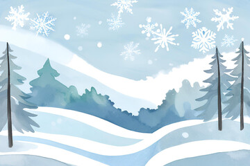 Winter Wonderland, Snowy Landscape with Falling Snowflakes, Watercolor Forest Scene